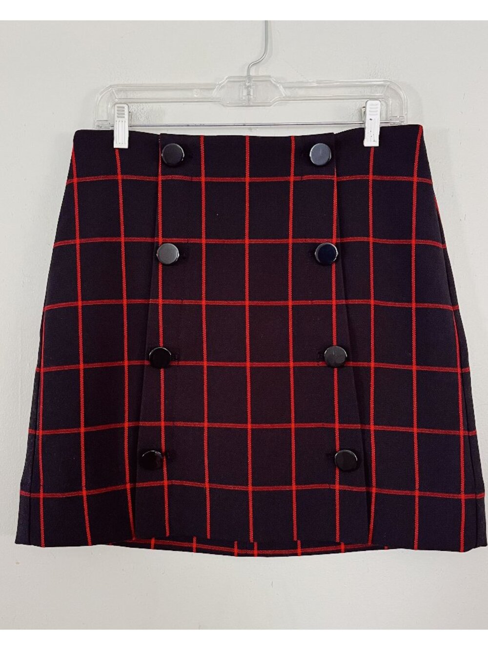 Loft Sz 6 Button Front Black and Red Windowpane Mini Skirt